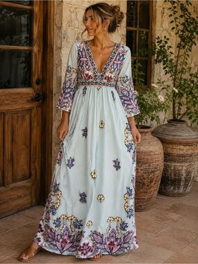 Embroidered V-Neck Maxi Dress in Pale Blue Floral Print